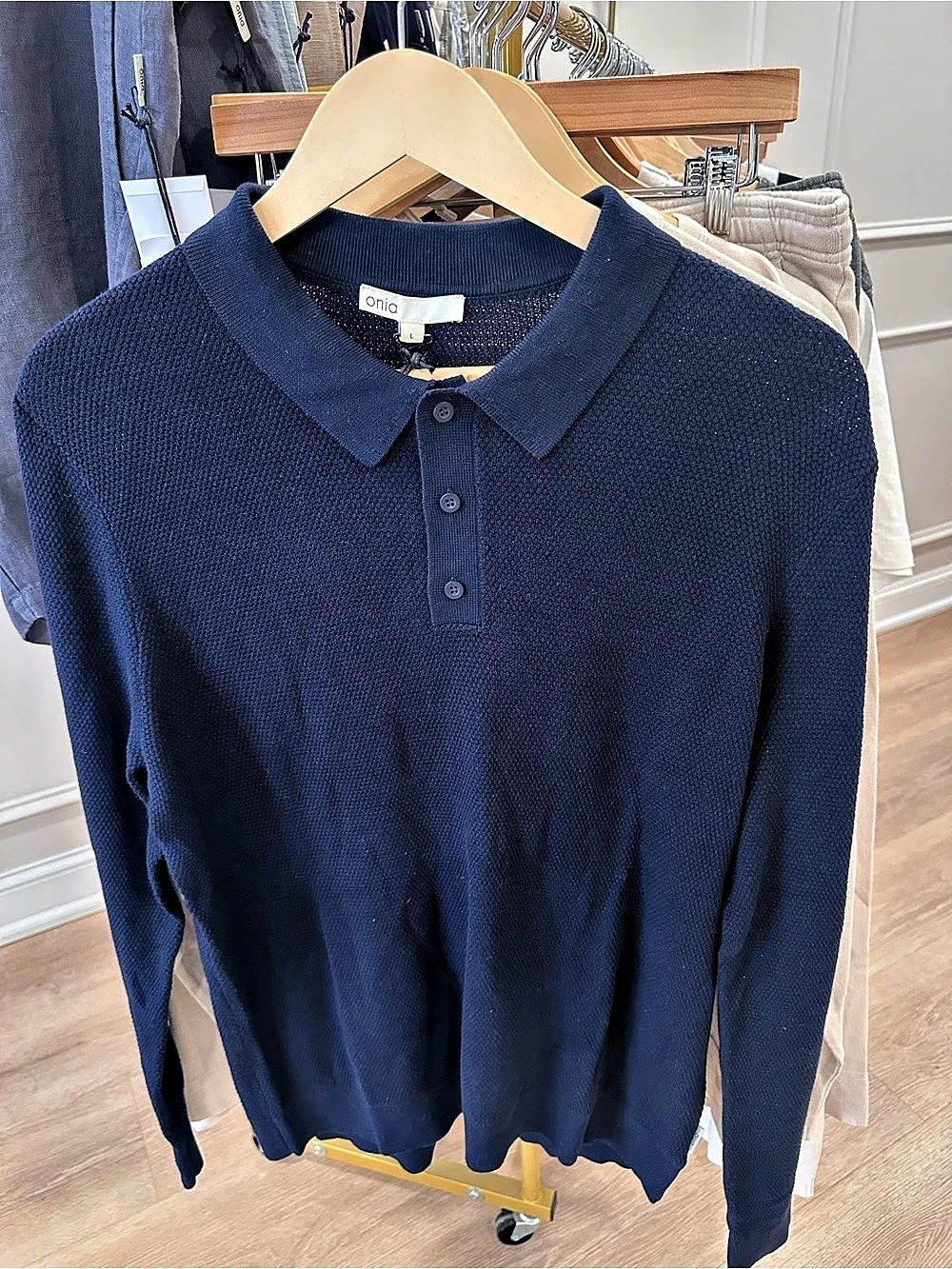 NWT Onia Long Sleeve Cotton Textured Knit Polo